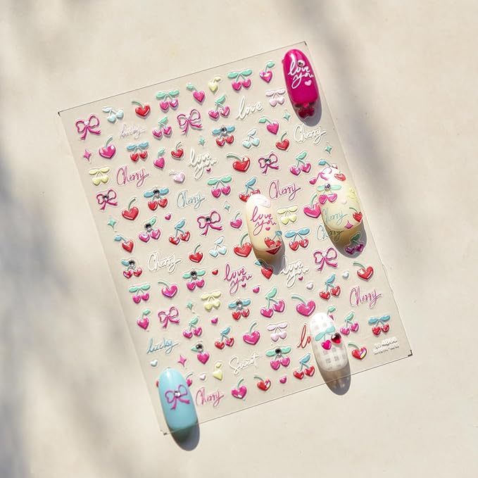 Cherry Nail Art Stickers Heart Nail Decals 5D Embossed with Diamond Design Self Adhesive Bow Nail Stickers Spring Summer Manicure Sticker Supply for Women Girls Kid Nails Decoration Accessories