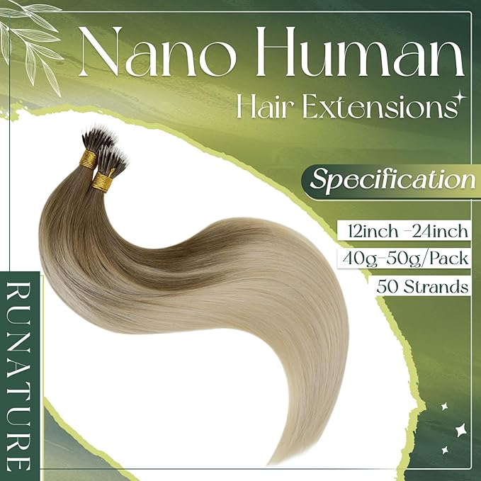 RUNATURE Blonde Nano Ring Hair Extensions Human Hair Blonde Ombre Brown Nano Hair Extensions Blonde Nano Human Hair Extensions Straight 14 Inch 50g