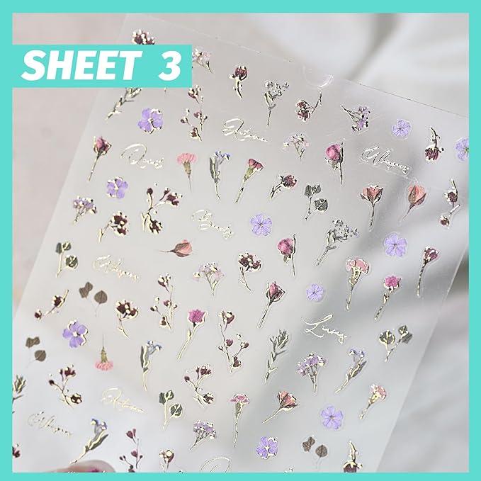 Golden Flower Nail Art Stickers, Summer Spring Floral Nail Decals, Self-Adhesive, Nail Accessories for Women, Nail Decorations 3 Sheets