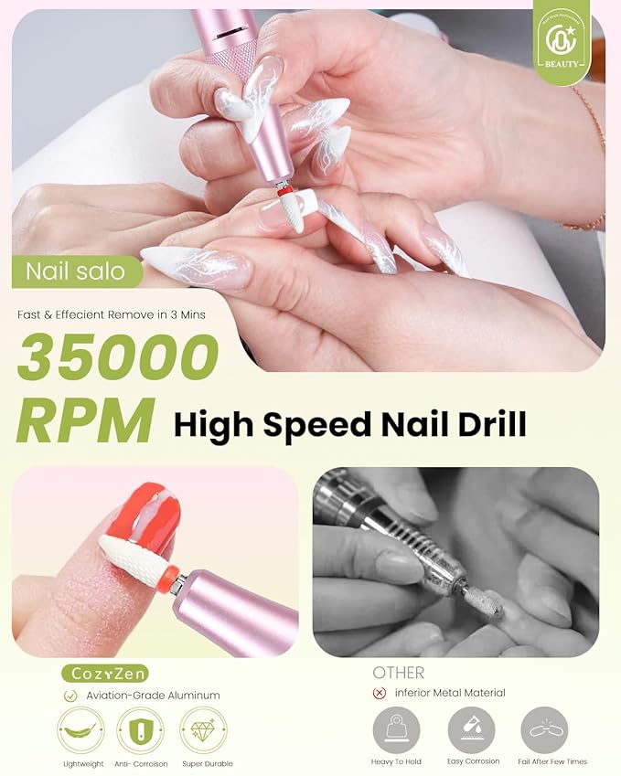 CozyZen Cordless Nail Drill Professional: 45000 RPM Rechargeable Electric Nail File Kit, Portable & Low Noise for Acrylic, Gel Nails, Manicure & Pedicure - Salon & Home Use (Green & Pink)
