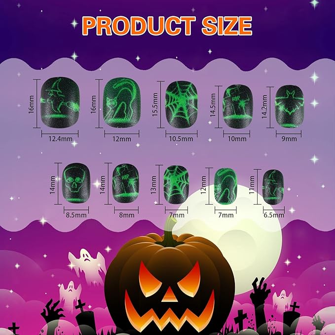 JANYUN 96 Pcs Halloween Luminous Kids Fake Nails False Nails Full Cover Glowing Stick on Nails with Skull Bat Spider Pumpkin for Girls Nail Art Party Decoration