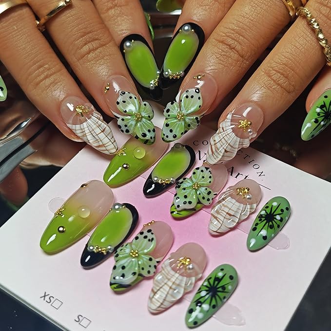 Handmade Acrylic Press On Nails Almond, 3D Press On Nails Medium, 3D Green Nails French Tip Flower Bubble Preal For Women Gift, Reusable Stick On Fake Nails Kit With Nail Glue (Floral Oasis-L)