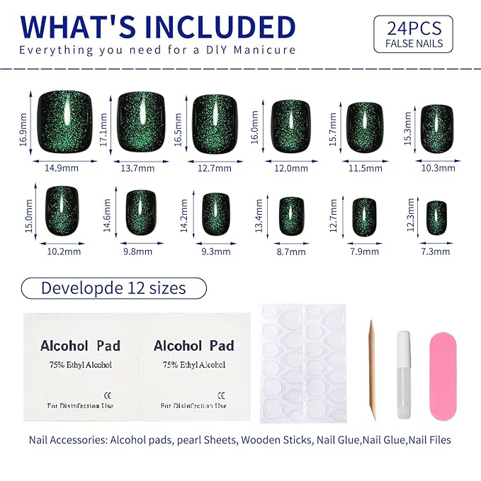 Crystal Spirit Green Press on Nails Short Square, Cat Eye Press on Nails, Fashion Gel Fake Nails, Reusable Acrylic Fake Nails, Glossy Stick on Nails, Thick Reusable Glue On Nails for Women