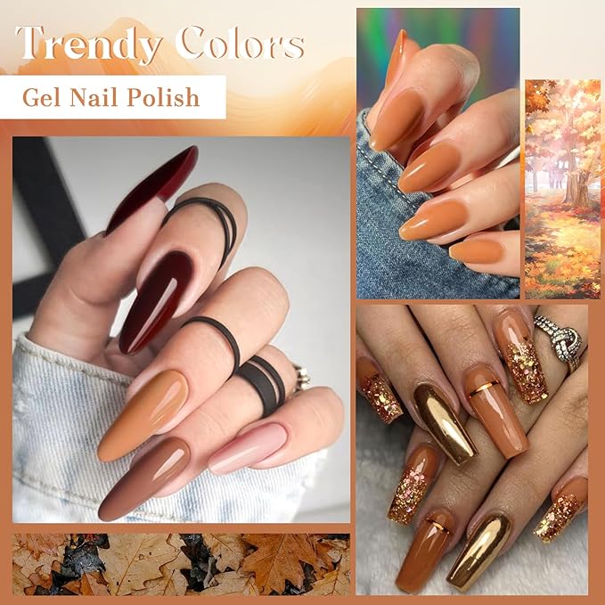 12Pcs Nude Brown Gel Nail Polish Set Caramel Gel Polish Kit Roasted Chestnuts Chocolate Glitter Gel Polish Fall Winter Nail Art Manicure Kit DIY Salon Gift