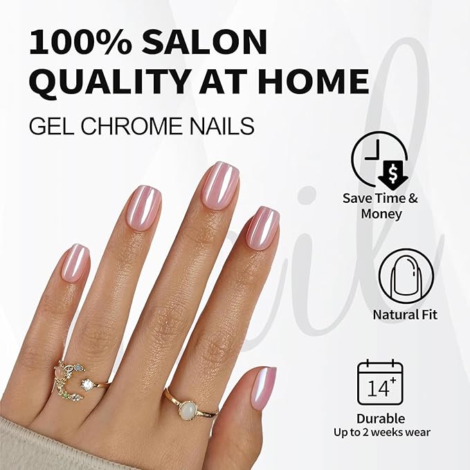 Pink Chrome Press on Nails Square - SHANGMENG Soft Gel Valentines Press on Nails Short for Women Gift, Glossy Stick on Nails with Glue in 16 Sizes - 32 Reusable Fake Nails, Aurora Light Pink