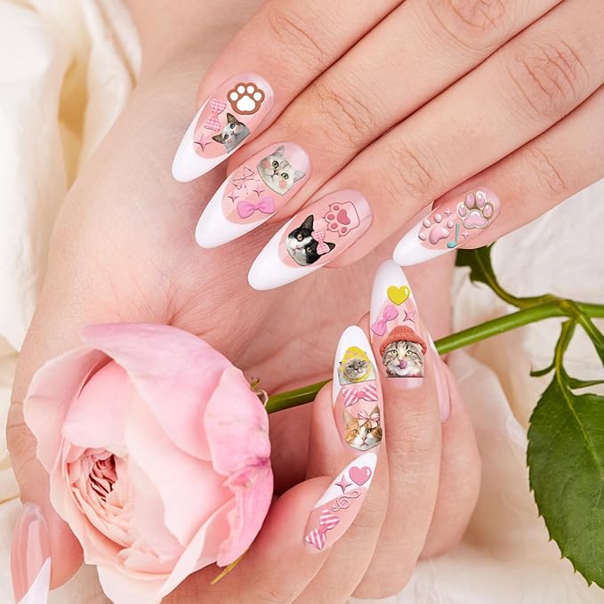 Keluna Cat Nail Art Stickers - 6 Sheets 5D Cute Cat Nail Sticker, Kawaii Animal Nail Decals, Cartoon Paw Print Bow Nail Decal Designs for Women Girls DIY Manicure Decoration Accessories