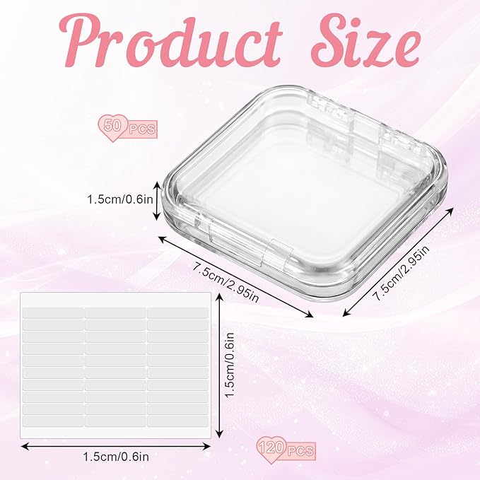 SHENLIU 50 Pack Press On Nail Packaging Box, 3 x 3 Clear Press on Nail Display Case, Acrylic Fake Nails Storage Box with 120 Adhesive Nail Tapes for Nail Display Nail Salon Supplies Nail Art Business