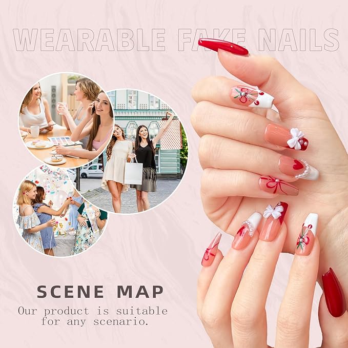 Luxury Handmade Press On Nails - Coffin Shaped Fake Nails with 3D Bows & Cherry Pearls, French Red Reusable False Nails, Salon-Grade Multi-Layer Gel Acrylic Nail Art（M-10PCS)