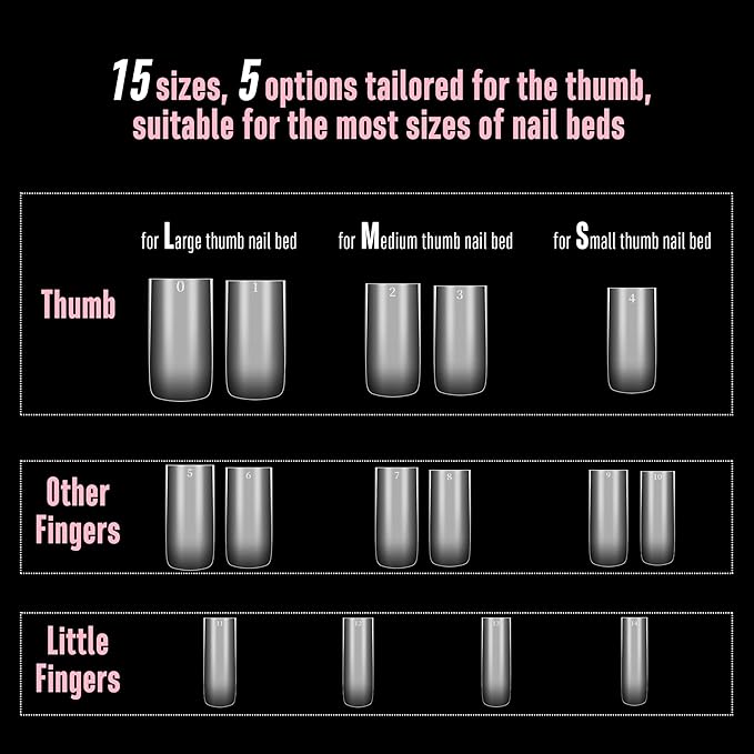 NOVO OVO Sharp Square Medium Nail Tips Press on, Natural (Not Sculpted) No C Curve Soft Gel Double Matte Clear Fake Nail Extension,Full Cover False Nails for Salon DIY Manicure x 15 Sizes 180 pcs