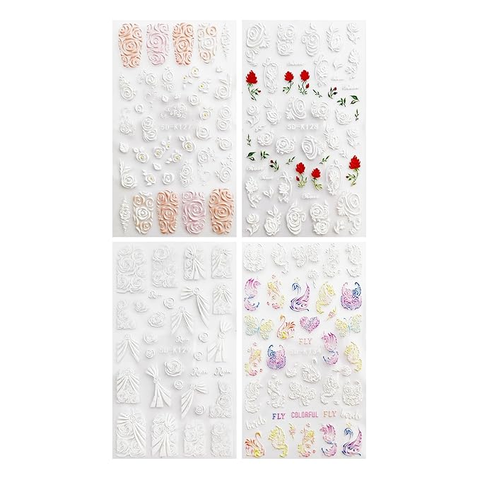 French Pattern Roses White 5D Embossed Nail Stickers, Romantic Rose Nail Decals for Women & Men - Self-Adhesive Nail Supplies