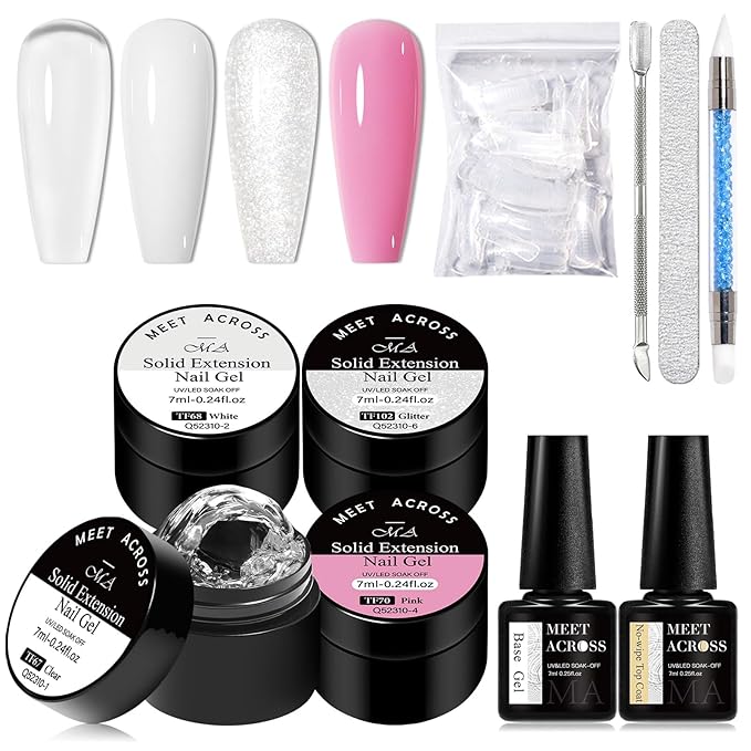 MEET ACROSS All-in-One Extension Mini Kit Non-Sticky Builder Gel Starter Kit WIth Base & Top Coat/Dual-Silicone Pen/Pro File/20-Pc Reusable Dual Forms Salon-Grade Extensions (Clear+White+Glitter+Pink)