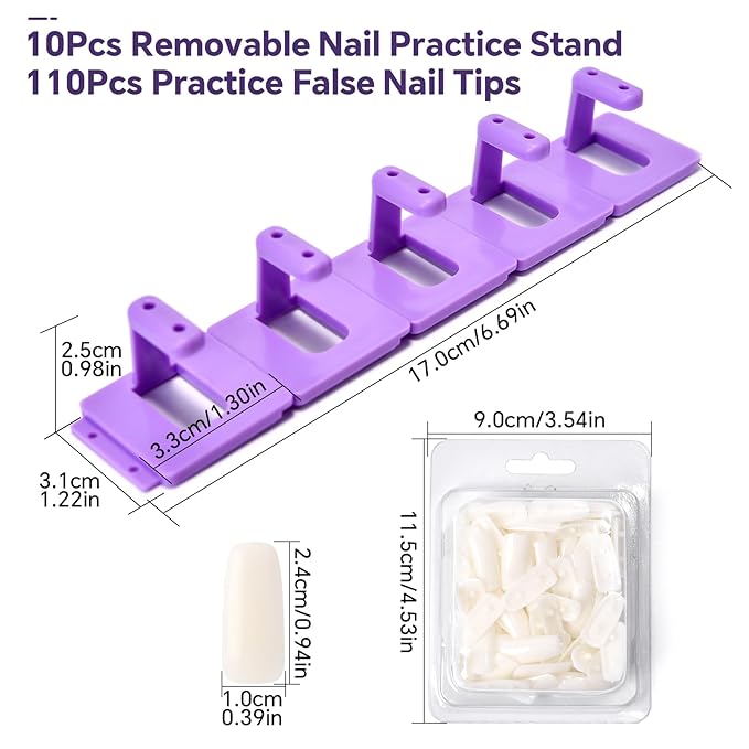 10PCS Plastic Nail Display Stands with Holes Nail Training Frame with 110Pcs Practice Nail Tips, Spliced Stand for Gel Nail Polish DIY Nail Practice Display Tool, Purple