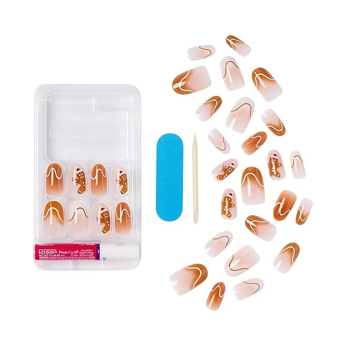 KISS Voguish Fantasy Holiday Press On Nails, ‘Holly Nights’, Brown, Medium Oval, No Damage To Natural Nails, Pink Gel Nail Glue (2g), Mini Nail File, Manicure Stick, & 28 Fake Nails