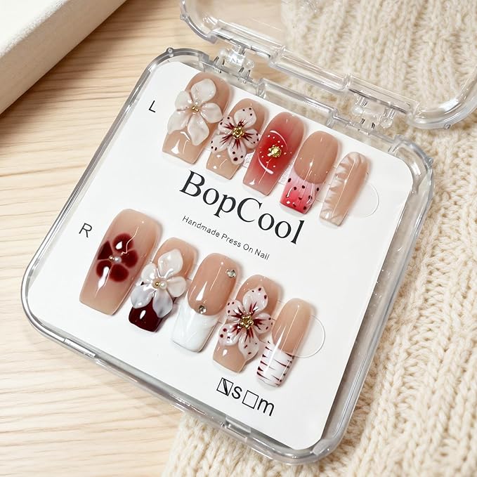 Nude Pink Handmade Press on Nails – Long Coffin Shaped Fake Nails with Rhinestones & Flower Designs | Full Cover Thick Acrylic & Multi-Layer Gel Stick on Nails(S-10PCS)