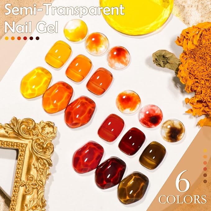 MTSSII Jelly Crystal Gel Nail Polish Translucent Tortoise Shell Nails Wine Burgundy Red Coral Caramel Orange Amber Brown Grey Fall Autumn 6 Colors Soak Off UV LED Manicure Art Kit For DIY Home