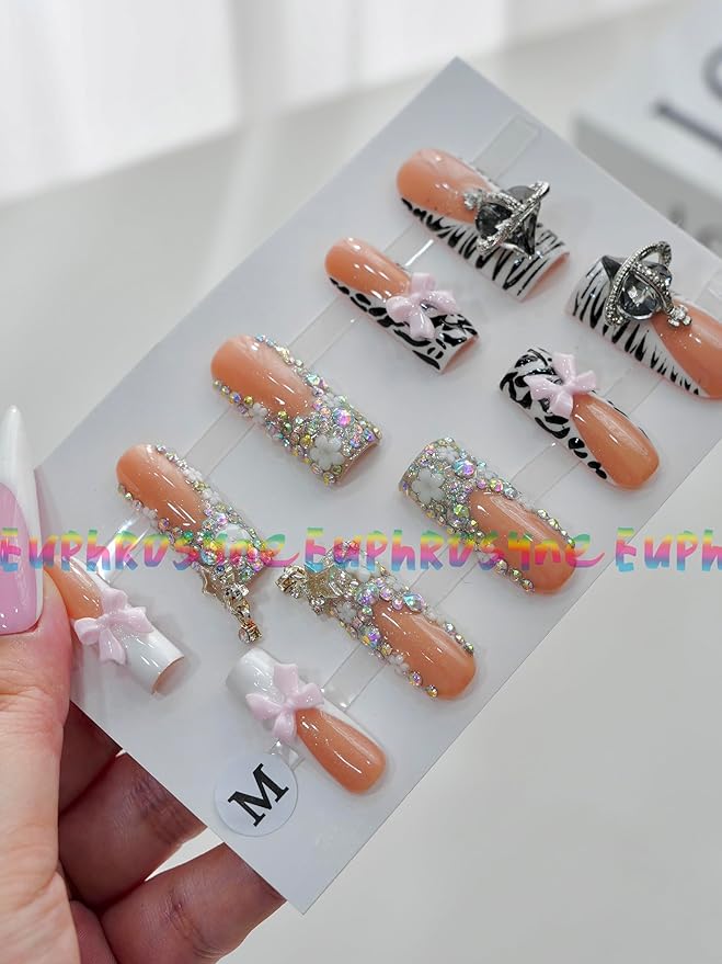 Euphrosyne 10pcs Coffin Nude Brown Press On Nails – Fake Nails with Rhinestones, Zebra Print & 3D Bows | Glam Stick-On Acrylic Nails with Big Charms for Bold Y2K or Party Look