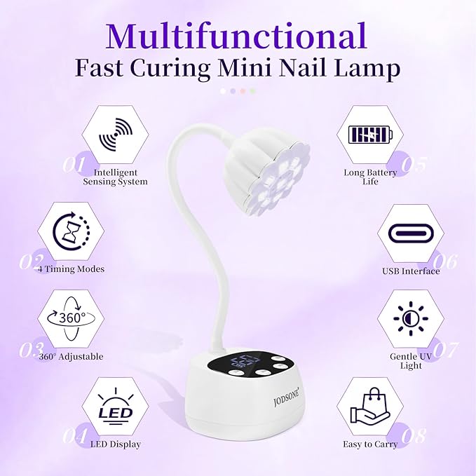 JODSONE Fast Curing U V Nail Lamp Portable and Flexible Gooseneck Lamp Rechargeable LED Dryer for Gel Polish, Auto Sensor & 4 Timers Ceramic White
