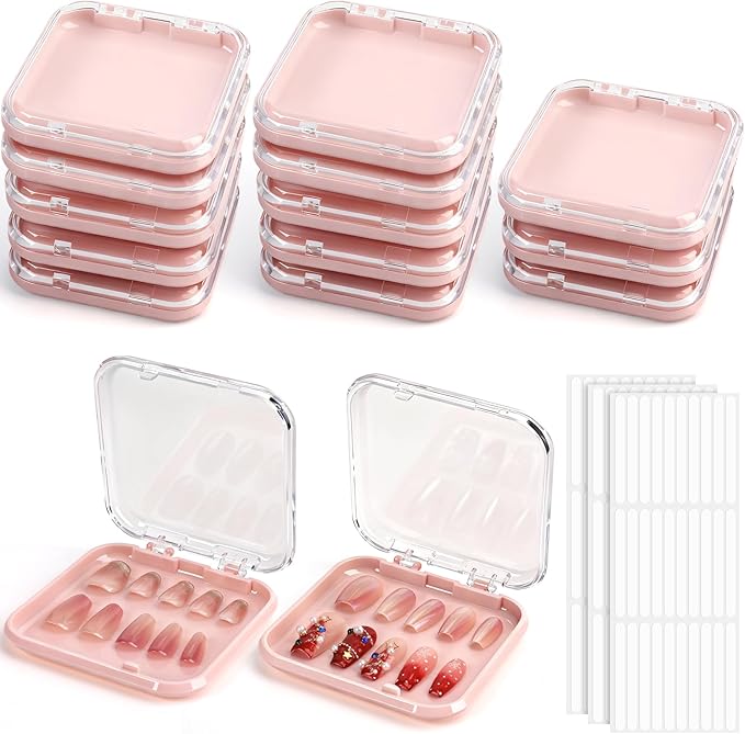 15 Pcs Press On Nail Packaging Box Press on Nail Storage Box for Press Ons with 90 Pcs Adhesive Double Sided Tape for Fake Nail Storage Case Nail Display Nail Salon Supplies (Pink)