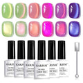 RARJSM Ceramic Glitter Fruit Cat Eye Gel Nail Polish Set 6Pcs Velvet Lime Green Berry Pink Blue Purple Fuchsia Reflective Smoothie Shimmer Glassy Cateye Gelpolish with Magnetic Stick Curing Require