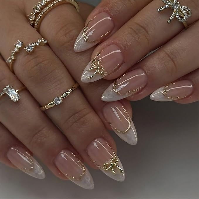 French Tip Press On Nails Medium Almond 24Pcs Glossy Gold Curve Line Marbled Designs Full Cover Acrylic Nails for Women Girls
