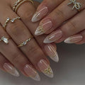French Tip Press On Nails Medium Almond 24Pcs Glossy Gold Curve Line Marbled Designs Full Cover Acrylic Nails for Women Girls