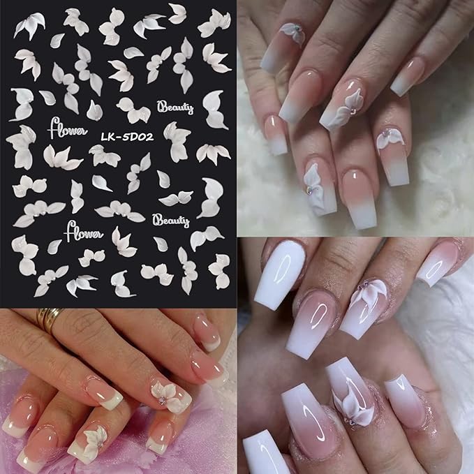 6 Sheets Flower Nail Stickers for Nail Art 5D Embossed Engraved Nails Decals 3D Spring Nails Supplies Accessories Self-Adhesive DIY Design Decoration for Women and Girls