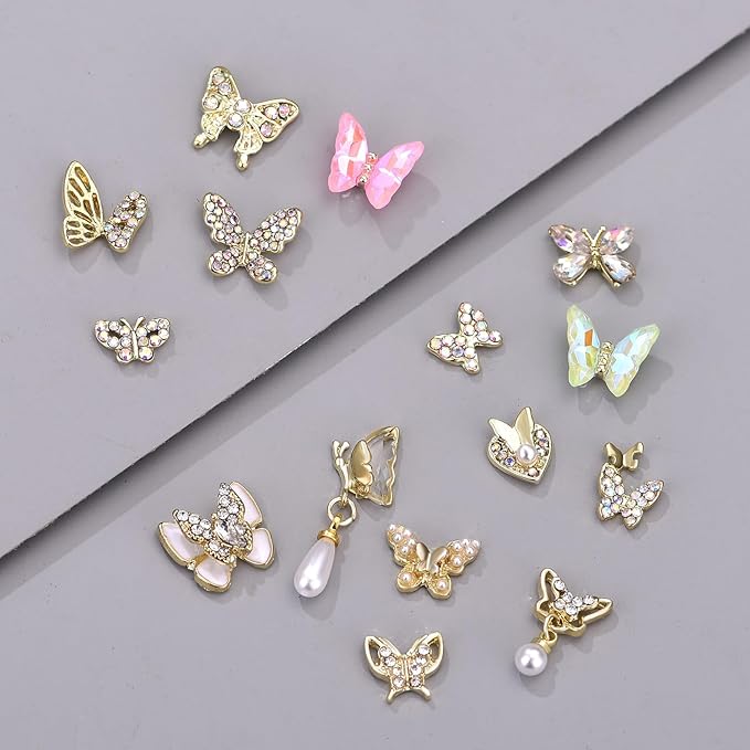 70pcs 3D Gold Butterfly Nail Charms - Luxury Y2K Nail Art Set with Gold Gems and Rhinestones