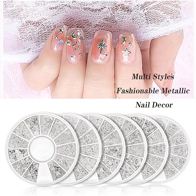 3D Nail Charms CXUEMH 6 Boxes 72 Grids Nail Rivets Set Metallic Nail Art Stickers Nail Jewelry Decorations Multiple Shapes Silver Star Metal Nail Studs Decals DIY Nail Accessories (silver)