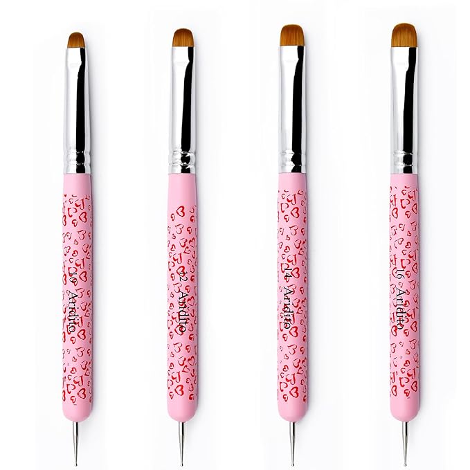 4Pcs Professional Acrylic French Manicure Clean-Up Brushes & Dotting Pens - Pink Heart Handles, Precision Tips (#10#12#14#16) for Nail Art, Cuticle Care (pink)