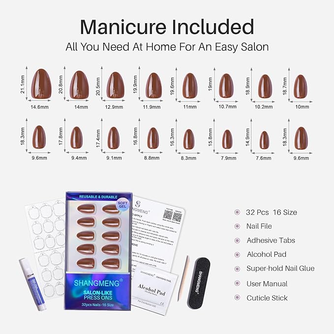 Brown Press on Nails Short - SHANGMENG Soft Gel Almond Chrome Press on Nails for Women, Glossy Glue on Nails with Glue, 16 Sizes - 32 Reusable Fake Nails Kit, Molten Mocha