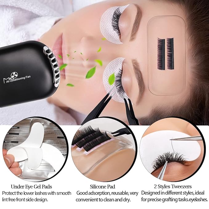 267 PCS Eyelash Extension Supplies Lash Extension Kit USB Air Conditioning Blower,Silicone Pad,Under Eye Gel Pads,Mini Makeup Mirror,Tapes,Tweezers,Glue Rings,Eyelash Brushes,Micro Brush Applicators