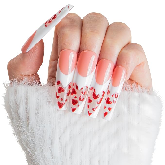 LOVFUL Valentine's Press on Nails Glass Heart | Handmade with Full Covered Crystals | Reusable Fake Nails | Square Mid length 1.7in | H742-M