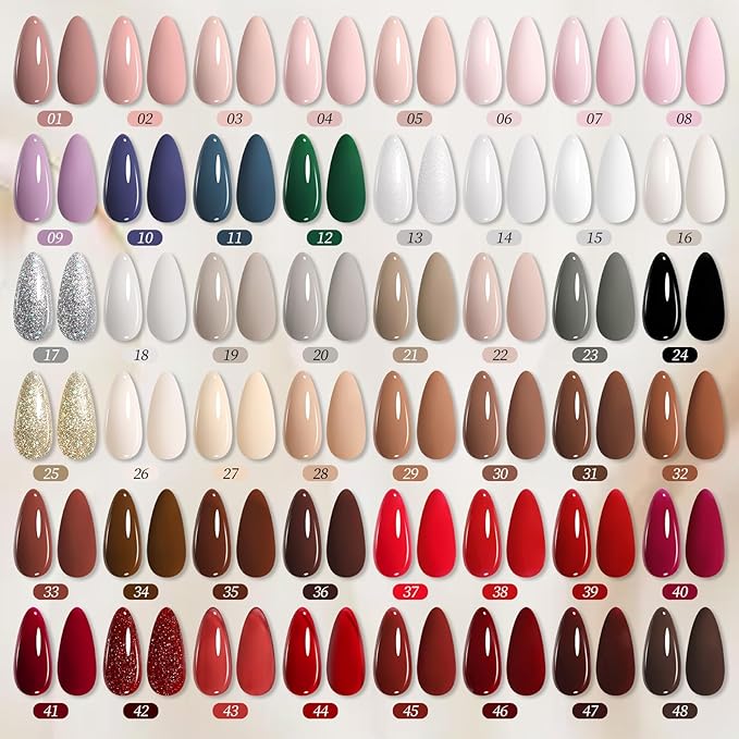 BORN PRETTY 52Pcs Fall Winter Gel Nail Polish Set,48 Colos Burgundy Red Green Snowflake White Khaki Chocolate Brown Gold Silver Sparkle Gel Polish with Glossy Matte Glitter Base Top Coat Gift for Girl