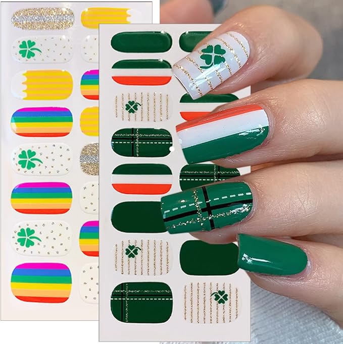 6 Sheets Glitter St. Patrick's Day Gel Nail Stickers Green Shamrock Nail Polish Stickers 3D Self-Adhesive Luck Clover Rainbow Nails Art Designs Irish Full Wraps Gel Nail Strips for Women Acrylic DIY