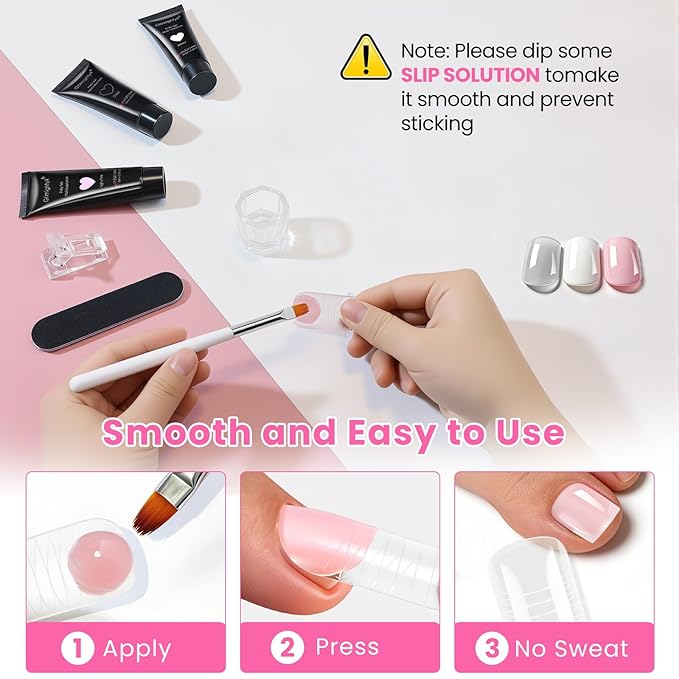 Poly Gel Nail Kit for Toes,GlimightyX Polygel Toenail Kit 3 Color Clear Pink White Poly Gel with 16 Sizes Dual Forms 40ml Slip Solution Nail Clips File Brushes,Toenail Extension DIY Salon Home