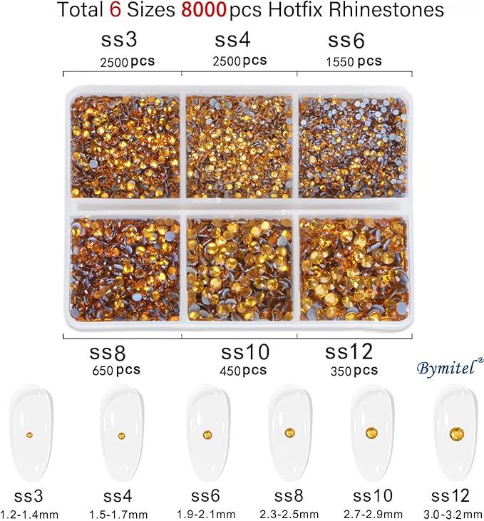 Bymitel Hotfix Crystal Rhinestones Round Gems for Crafts,Mixed 6 Sizes with Wax Pencil Kit, Topaz1.3-3.2mm(SS3-SS12/8000pcs)