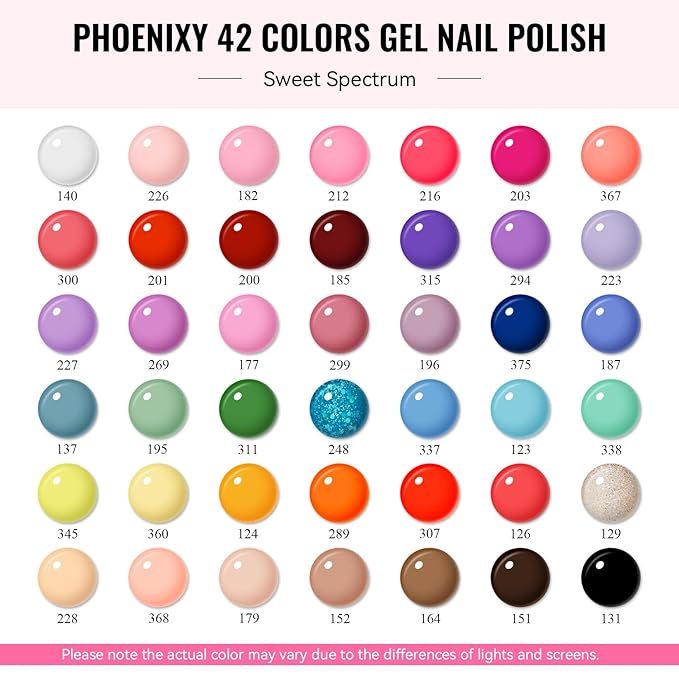 phoenixy 50 Pcs Gel Nail Polish Set, 42 Colors Gel Polish with Base Coat & 4 Effects Top Coat All Seasons Colors Gel Polish Kit Nail Starter Set Gifts for Women Girls