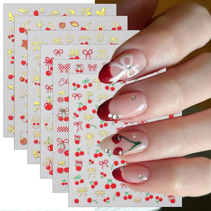 6 Sheets Cherry Nail Art Stickers 3D Valentines Nail Stickers Self-Adhesive Cute Cherries with Gold Heart Bow Nail Designs Supplies Summer Fruit Nails Decals for Women DIY Manicure Decor