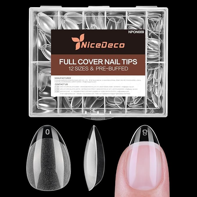 Nicedeco Extra Short Almond Nail Tips Full Cover 216PCS Clear Fake Nails Tip for Acrylic Nail Tip Soak Off Home DIY Salon Nails 12 Sizes - 009