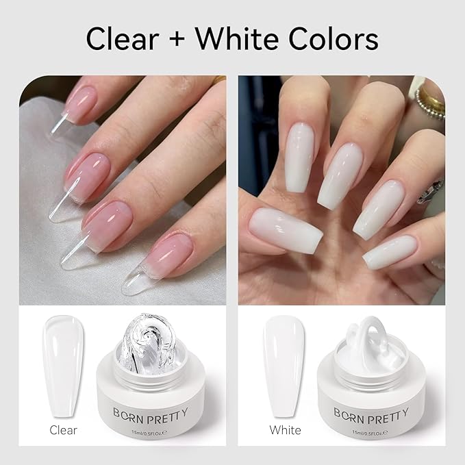 BORN PRETTY Builder Gel for Nails,2PCS Clear & White 3D Solid Hard Gel for Sculpting & Extension, Non-Stick U V Soak Off Gels for Carving Patterns,Salon & Home DIY Manicure