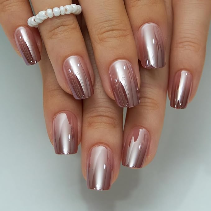 CurvLife Square Press On Nails Medium – 30Pcs Soft Gel Fake Nails, Reusable Glue On Nail Kit with Adhesive Tabs, Natural Fit & Salon-Quality for Women & Girls (Brown Pearl)