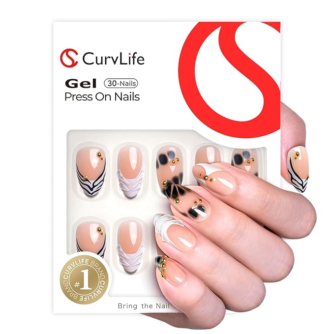 CurvLife Press On Nails Medium Almond Black White Abstract, Nude Soft Gel Glossy Fake Nails, Reusable Salon Look Manicure for Women Teens Beginners, 30pcs, Daily Wear Work Party