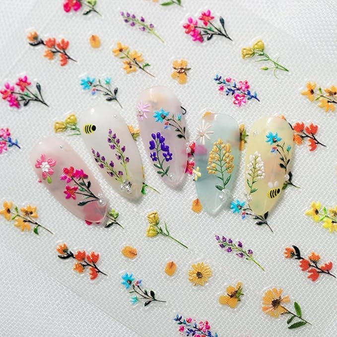 Flower Nail Stickers Elegant Art Floral Nail Decals Charms 3D Self-Adhesive Bouquet DIY Date Spring Summer Nail Supplies Manicure for Nail Decorations 3 Sheet