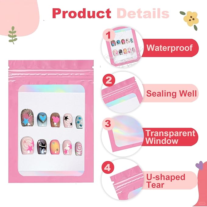 100 PCS Press On Nails Packaging Bag Holographic Nail Storage Bag and 100PCS Shiny White Pearl Card with 7 Sheets Pre-cut Nail Tape (Pink)