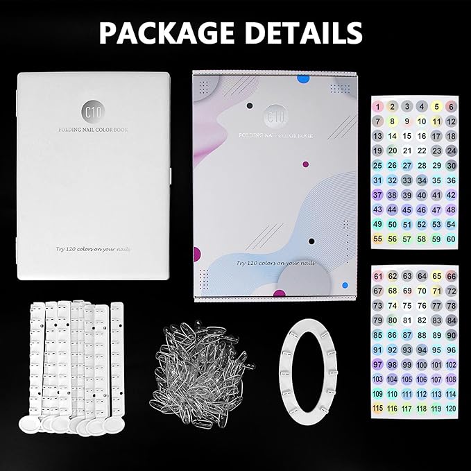 Nail Display Book Plastic Nail Color Book, C10 Nail Polish Display Color Chart with Clear Nail Tips and Nail Polish Number Labels