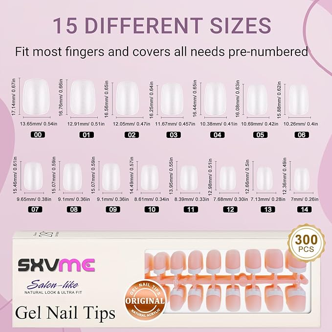 Gel French Tip Nails Short Square French Tip Press on Nails SXVME White French Nail Tips 300Pcs Pre-applied Tip Primer Natural Nude Pink Fake Nails Extensions Gel Nail Kit for Women Girls DIY