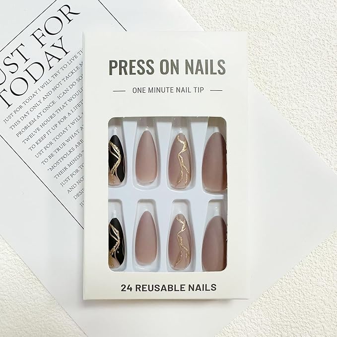 Almond Press on Nails Medium Fake Nails with Designs Brown Black False Nails Press ons Gold Foil Matte Full Cover Acrylic Glue on Nails Cute Artificial Stick on for Women Decorations 24Pcs