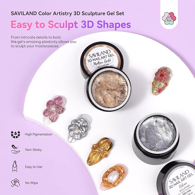SAVILAND 3D Sculpture Gel Set: 6 Metallic 3D Nail Gel Sculpting Gel for Nail Art Molding & Extension, No-Wipe Non-Sticky Hand Carving Builder Nail Gels for DIY Manicure Home Salon Use