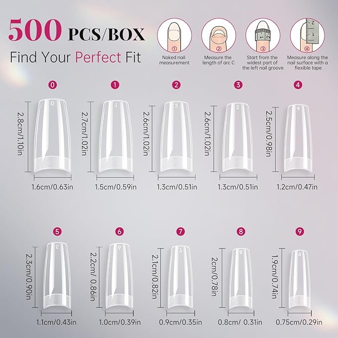 krofaue French Nail Tips - Acrylic Soft Gel False Tips 500PCS Half Cover Square Fake Nails for Women Half Matte French Tip Press on Nails 10 Sizes
