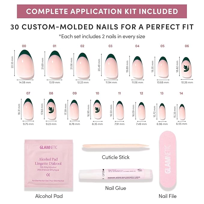 Glamnetic x Fanatics Press On Nails - Michigan State Spartans | Short Almond Fake Nails, Collegiate Spartans Green French Tips, College Nails, Salon-Quality | 15 Sizes - 30 Nail Kit with Glue